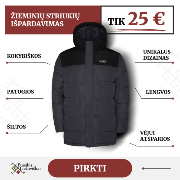 Žieminė prailginta striukė su ATŠVAITU „Krupis” (unisex, juoda/pilka)